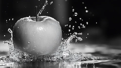 Crisp apple impacts water surface creating sharp splash crown