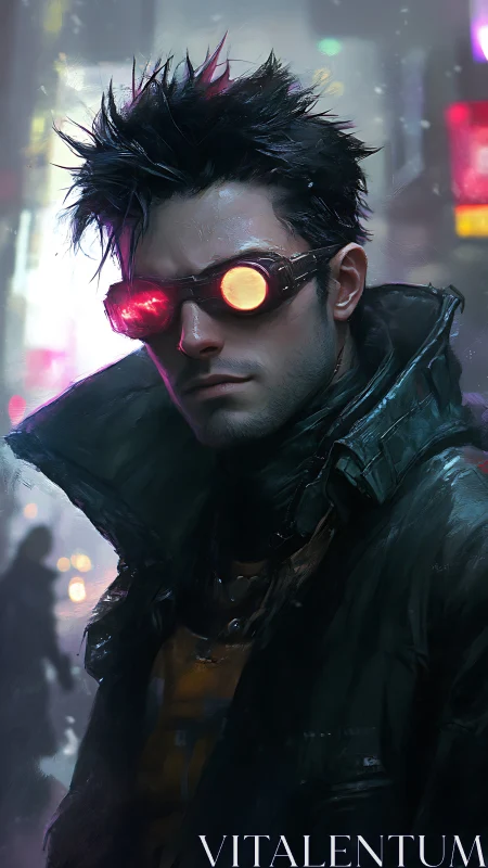 Cyberpunk vigilante gazes through neon-lit city haze.