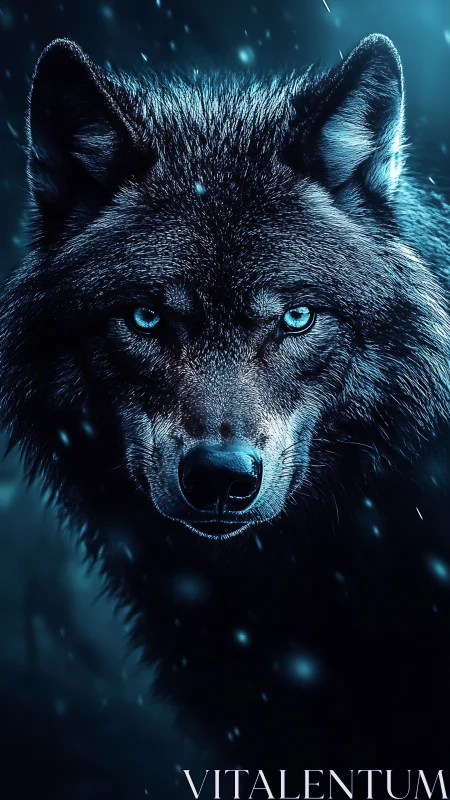 Moonlit wolf gazes forward with calm, piercing blue eyes