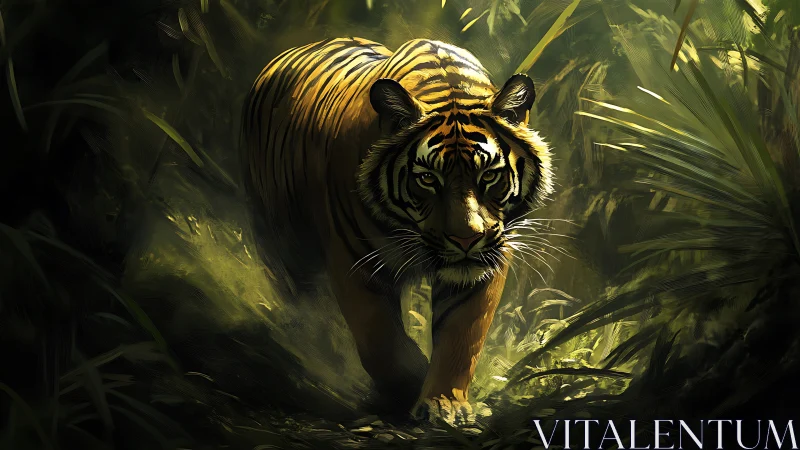 Quiet jungle prowl with a tiger bathed in golden light.