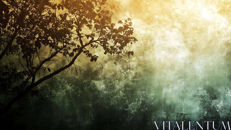 Silhouette of Tree Branches Against Grunge Textured Background.