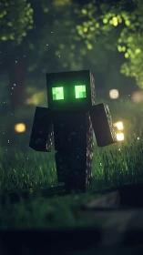Voxel humanoid with emissive green eyes in shallow depth forest scene