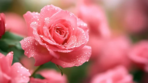 Pink Rose with Raindrops. Soft Focus Garden.