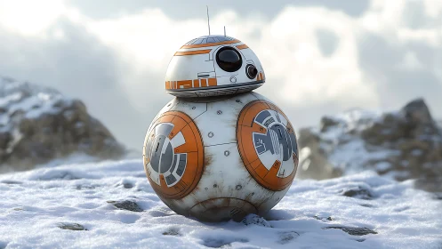Spherical orange-white droid scans snowy rocky plateau