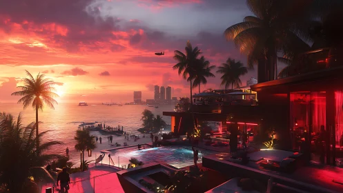 High-end beachfront infinity pool at neon-lit resort under stratified sunset