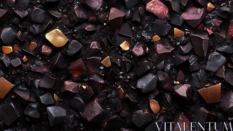 Metallic obsidian rock fragments with scattered copper highlights