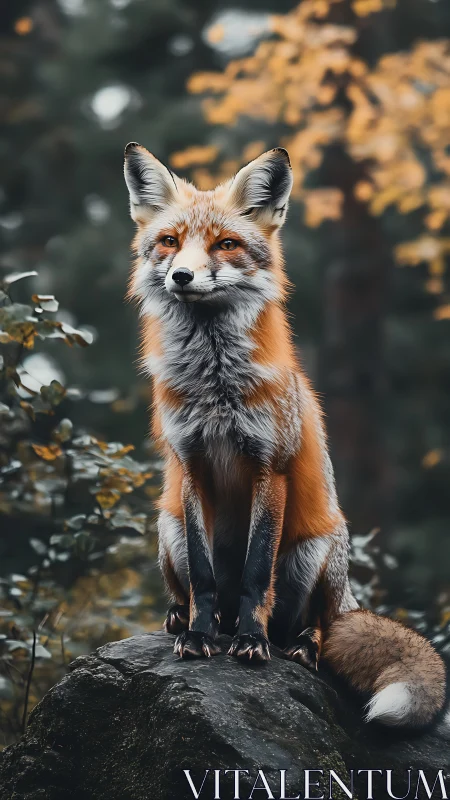 Red fox portrait on mossed rock in shallow depth woodland
