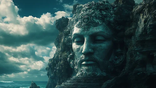 Colossal stone deity face carved into stormy sea cliff