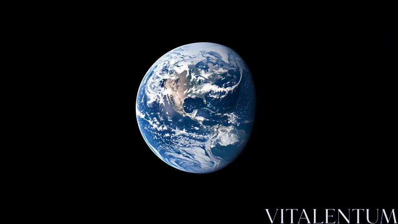 Solitary blue Earth suspended in deep black space panorama.