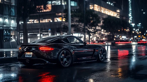 Midnight coupe gliding through rain soaked city lights.