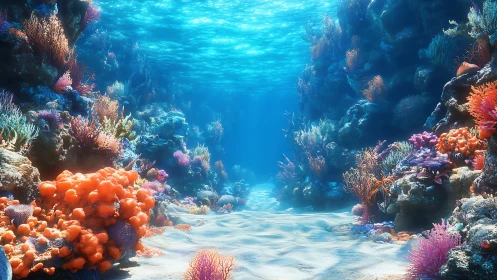 Sunlit coral canyon invites a gentle underwater daydream