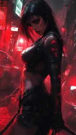 Cyberpunk rain-soaked femme vigilante in neon red alleyway