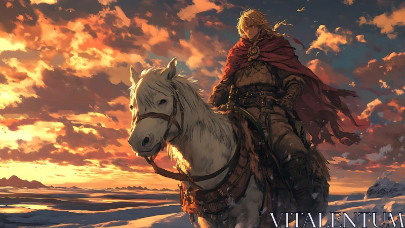 Mounted figure crosses snowy plain under dense sunset clouds