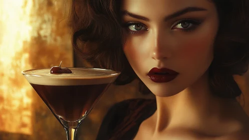 Elegance in Amber: A Woman's Contemplative Moment with Espresso Martini