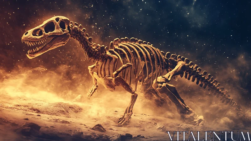 3D skeletal dinosaur stride in cosmic dust environment.