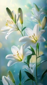 White lilies bloom against a serene turquoise sky backdrop.