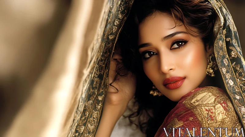 Photorealistic bridal portrait in ornate textile framing.