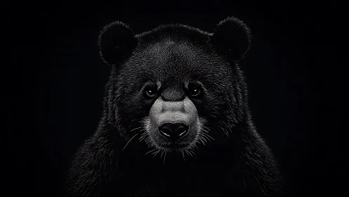 Black bear portrait glows from darkness with quiet strength