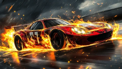 Flaming red GT race car drifts through storm in dynamic digital art
