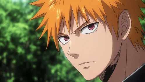 Orange haired anime boy in close up outdoor portrait.