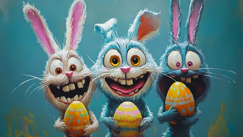Three stylized rabbits holding decorated eggs in a row.