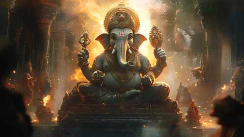 Celestial Ganesha sits enthroned amid swirling temple firelight