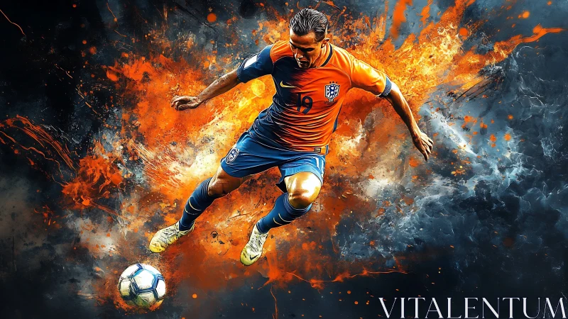 Explosive soccer forward drives ball through blazing colors.