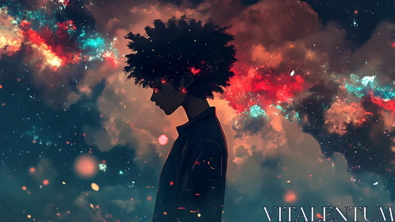 Silhouetted figure stands before dense, luminous nebula clouds