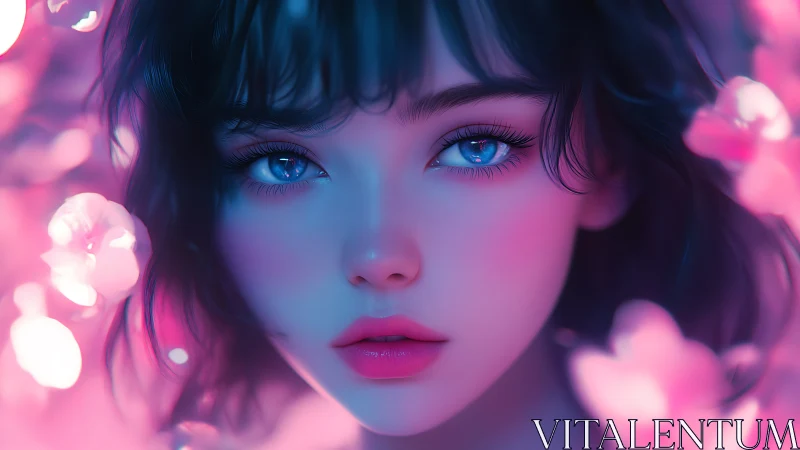 Dreamy neon gaze amid soft glowing blossoms.