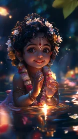 Gentle child deity smiles in glowing flower lit water