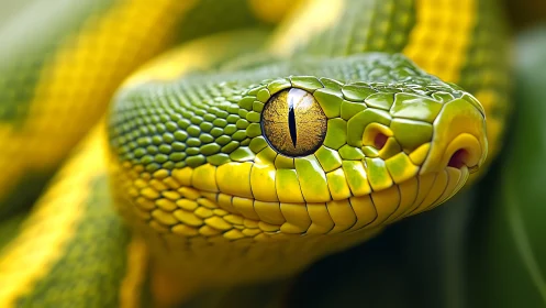 Vibrant green snake gazes forward in razor sharp closeup