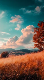Copper meadow leans into a teal sky swollen with clouds
