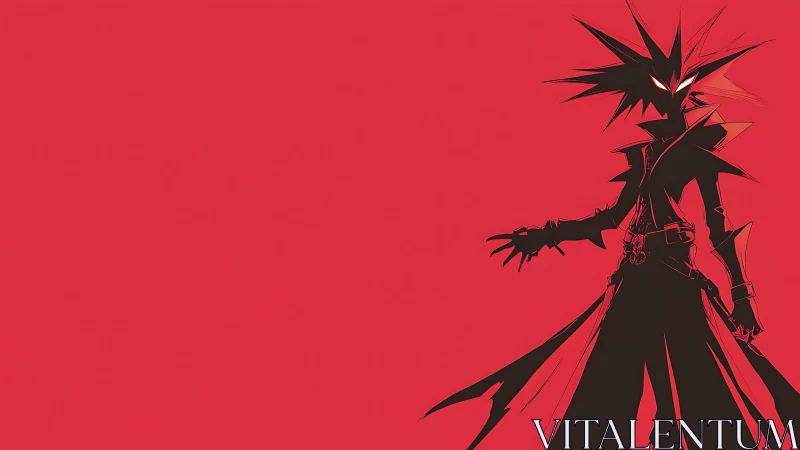 Stylized spiky-haired figure silhouette on red field.