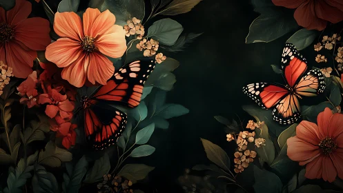 Monarch butterflies in teal-shadowed floral garden vignette
