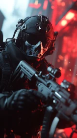 Cyberpunk tactical operative with skull mask in neon red environment.