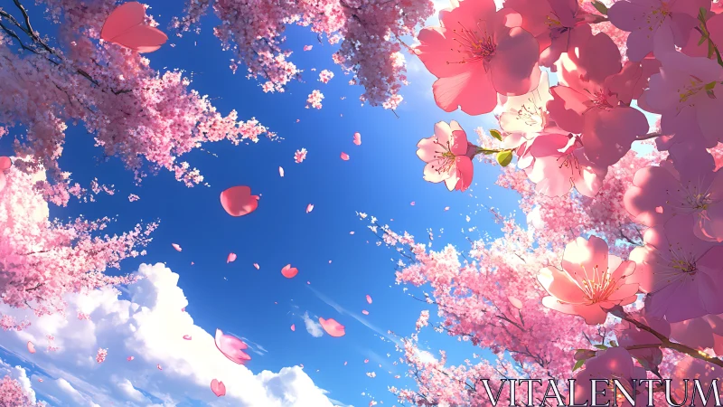 Cherry blossoms drift across a vivid blue spring sky
