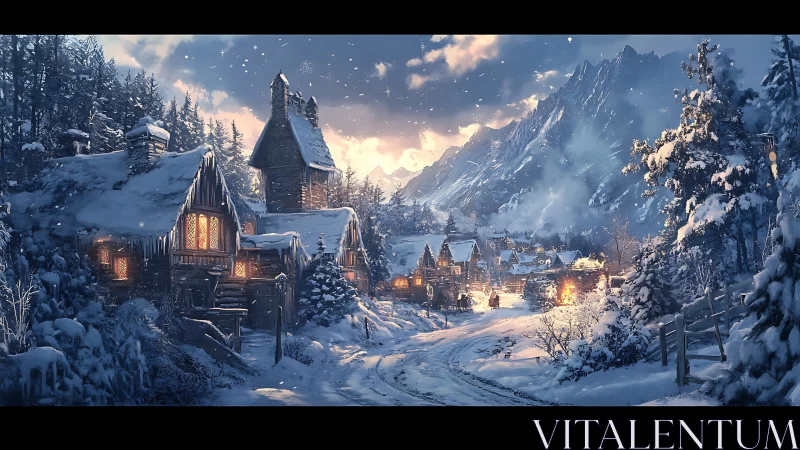 Snowlit village curls around embers of a winter evening