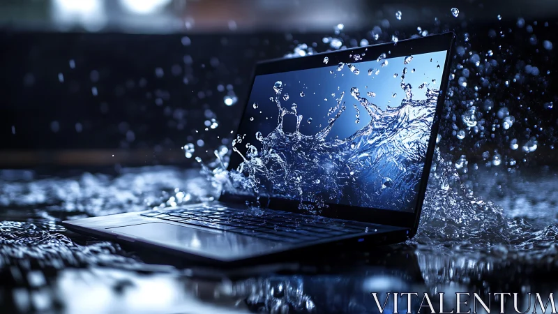 Water-resistant laptop endures dramatic splash impact scene.
