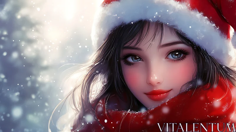 Festive anime girl in red Santa hat amid softly falling snow.