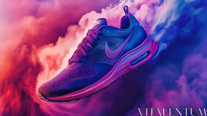 Neon comet sneaker surfing through electric sunset clouds.