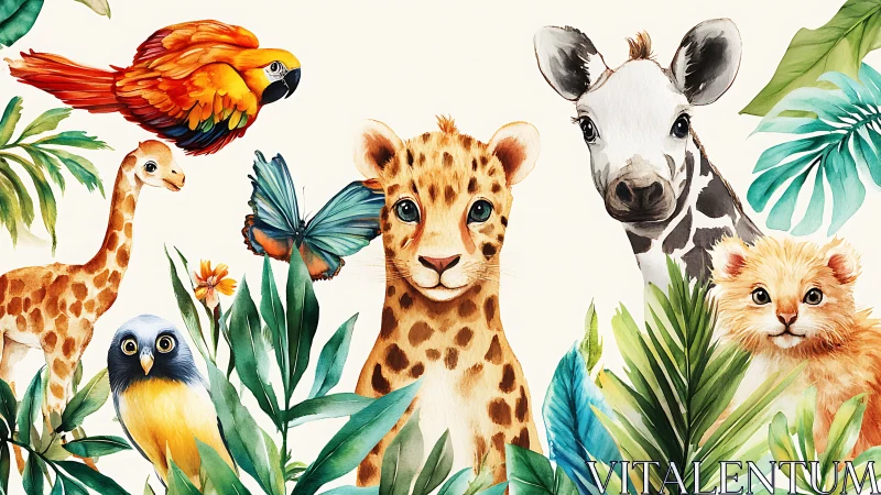 Watercolor juvenile jungle fauna cluster with foliage immersion.