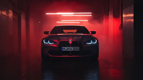 Bold sports car glows under red neon lights in a dark tunnel
