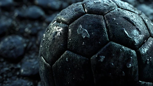 Macro render of wet hexagonal ball surface under cool side lighting