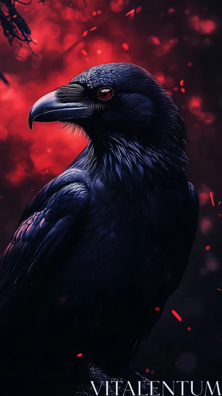 Dark raven profile against vivid red ember glow background.