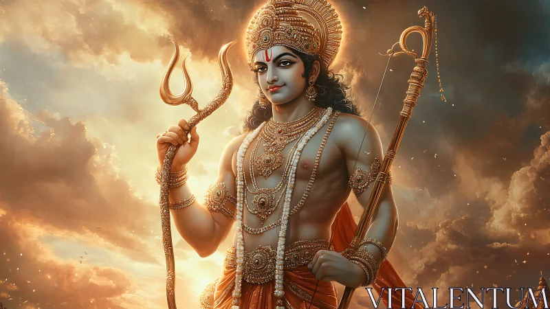 Divine warrior figure with trident and bow in clouds.