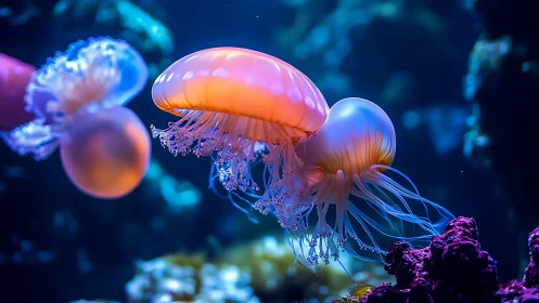 Neon jellyfish waltz in sapphire-tinted underwater twilight.