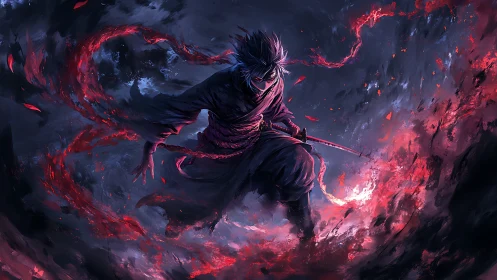 Dark swordsman channels crimson energy in storming void