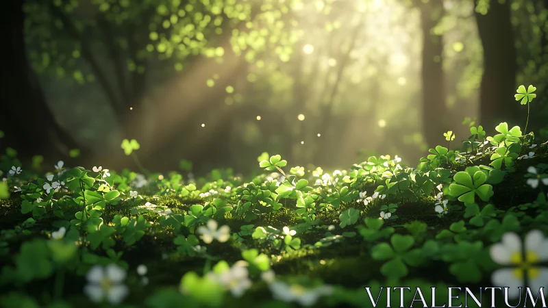 Volumetric sunlight caressing macro clover understory field.