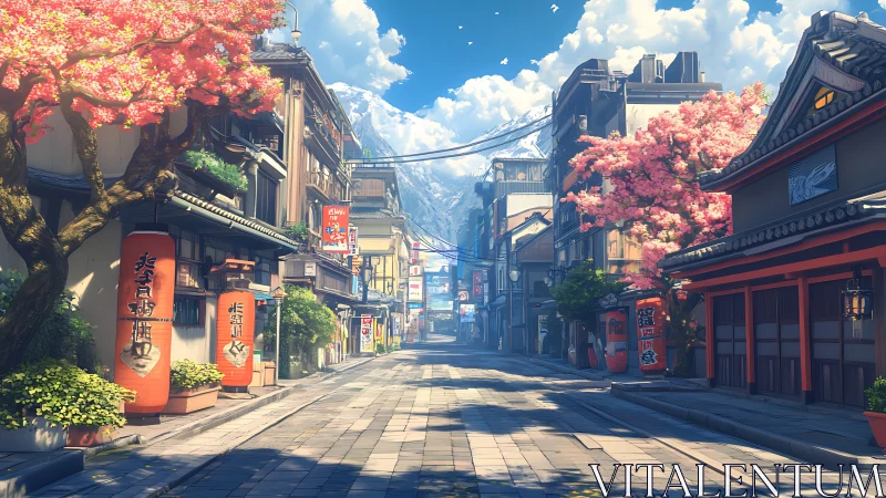 Cherry blossoms line quiet Japanese street beneath mountains