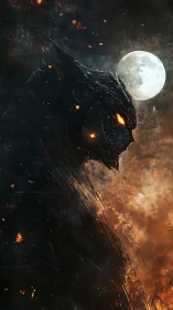 Mechanical wolf silhouette under full moon in dark sky.